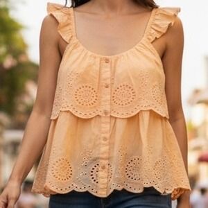 Derek Heart Peach Eyelet Tiered Ruffle Strap Button Front Tank Top Women Size S